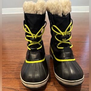 Kids Sorel Black and Yellow Yoot PAC Waterproof Boots